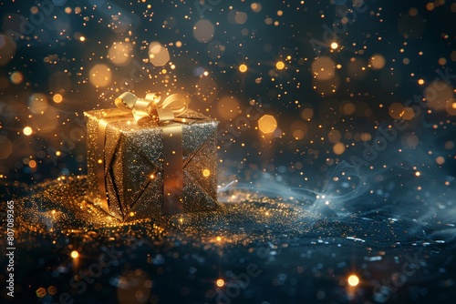 A mesmerizing golden gift box radiates a magical glow amidst swirling lights and a dark, sparkling backdrop