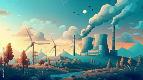 An illustration of a traditional fossil fuel power plant being replaced by a modern wind farm