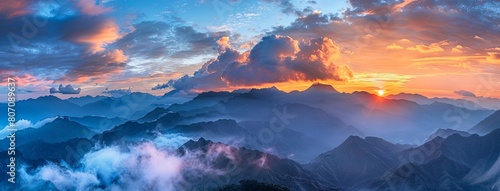 panoramic view of mountains at sunrise, rocky peaks, sharp rocks, mountain