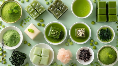 selection of traditional japanese matcha desserts displayed on a green and transparent background, accompanied by a white bowl and a green leaf