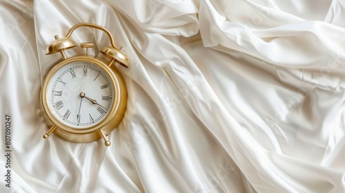 Gold alarm clock on white bed linen close-up, concept of time, banner, empty space for text