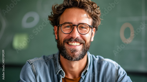 portrait of happy man teacher in school; minimalism