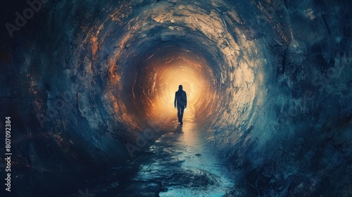 A man walks alone through a dark tunnel. 