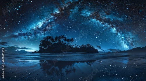 Dramatic view of the Milky Way galaxy sprawling across the sky over a secluded tropical beach with palm trees and calm waters reflecting the stars.
