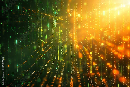 Streams of binary code pouring down in a matrix style with glows of green and amber on a shadowy background