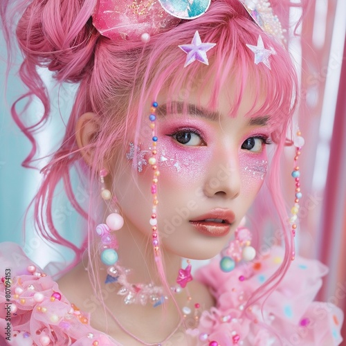 Una chica harajuku con un maquillaje colorido, en tonos predominantemente rosados