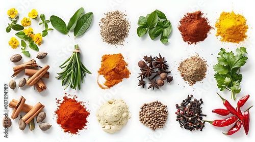 variety of exotic spices and herbs on isolated background