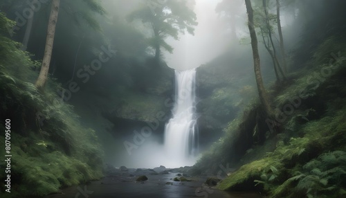 A misty forest with a hidden waterfall upscaled 3