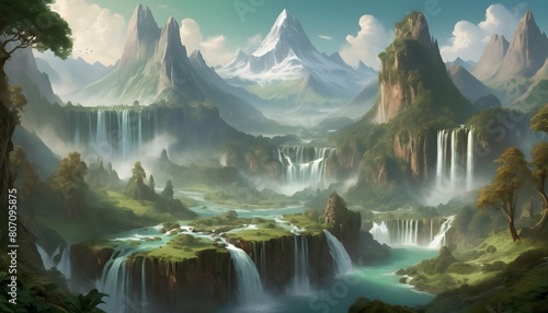 A fantasy landscape with towering mountains and ca upscaled 5