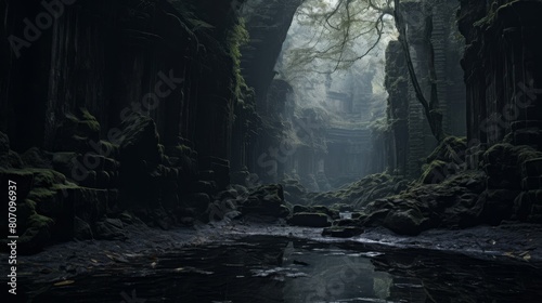 Underworld realm with River Styx and wandering souls.