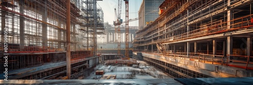 A complex network of steel framing dominates the view at a large construction site with multiple cranes and scaffolding