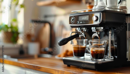  Modern coffee machine with glasses of hot espresso on table in kitchen 