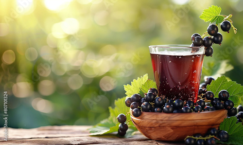 Black currant berries in a wooden bowl On a blurred green background With elements of 1 glass of cool blackcurrant juice. Healthy food concept.