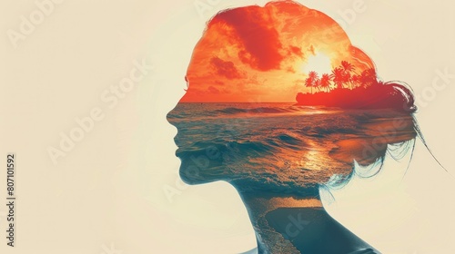 Double exposure. Silhouette of a woman with a sunset over the sea in the background.
