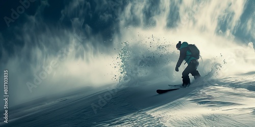 Action-packed image of a snowboarder making a sharp turn in deep powder snow with dynamic spray
