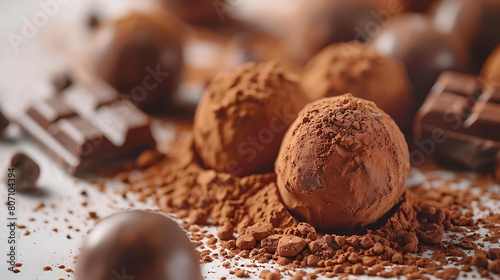 close - up of chocolate truffles with cocoa dusting, accompanied by a chocolate donut and a chocolate and brown ball