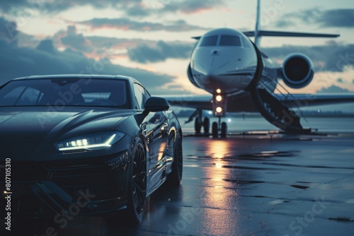 Luxury car in front of private jet on airport.