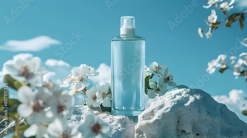 Close-up Blue Shampoo Bottle on Giant White Rock with Neroli Flowers