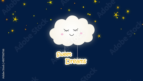 sweet dreams text and night sky with cloud and stars background, kids lullaby and nursery rhyme design element 