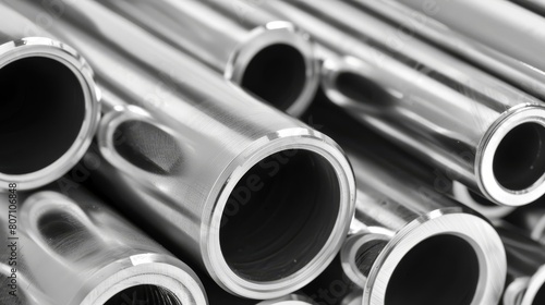  A stack of stainless steel pipes, arranged vertically in a warehouse or industrial setting, presented in black and white