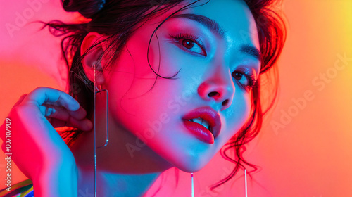 Young stylish asian woman model posing for edgy and modern fashion editorial. Conceptual photo in vivid neon colors. Haute couture contemporary trends