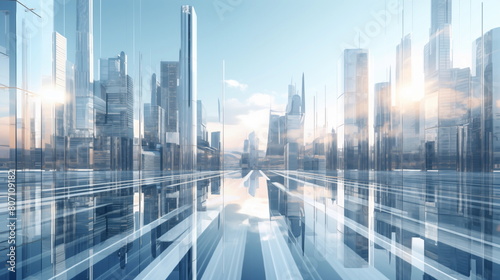 A fantastic glass city from the future. Tall buildings made of glass. Future city concept. Urban architecture, megalopolis infrastructure in light.