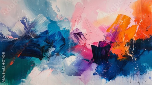 In a vibrant abstract painting, bold brush strokes of pink, blue, orange, and black combine to capture a dramatic visual impact.
