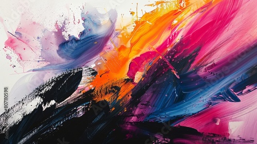 Dynamic abstract painting featuring explosive fusion of colors including pink, blue, and orange with energetic brush strokes and splatters.