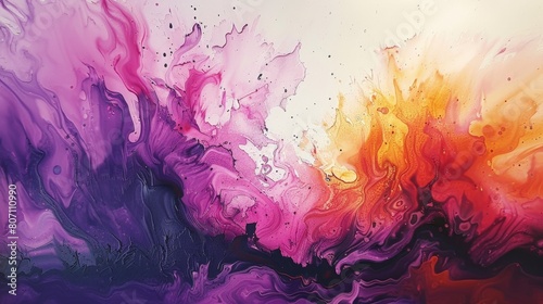 Explosive fusion of colors including pink, blue, and orange, combined with energetic brush strokes and splatters, defines a dynamic abstract painting.