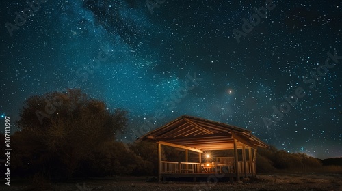 Intimate view of a secluded star-gazing pavilion under a clear, starry sky, highlighting the cosmic atmosphere, isolated background