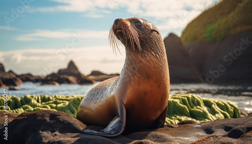 A Galapagos sea lion is resting on top of a rocky beach