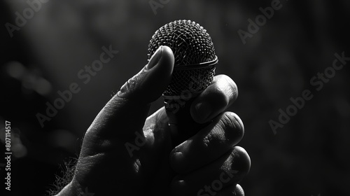 Intense close-up of a hand clutching a microphone, conveying strong intention, perfectly lit against a stark background