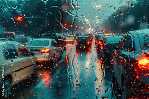 Stressful moment during a traffic jam with rain, Photo of a traffic jam taken from the car window