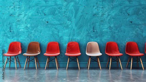 row of modern design chairs against a textured turquoise wall with a pattern interrupted by a single brown chair