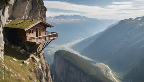 A mountain hut perched on a cliff overlooking a va upscaled 8