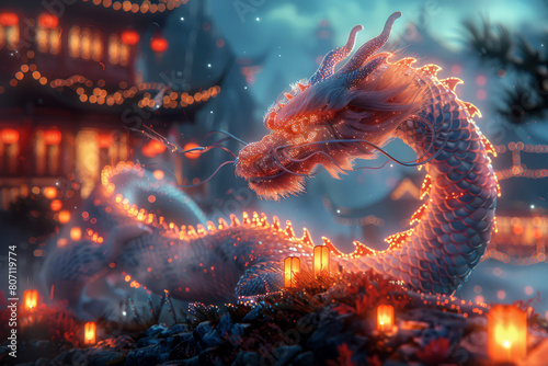 Magnificent Asian dragon by the ancient pagoda amidst shimmering Asian town under evening sky, Chinese traditional folklore