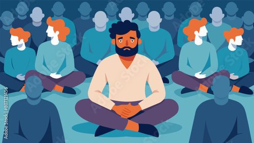 A man calmly sitting in a chaotic crowd embodying the stoic ability to remain unperturbed by external pressures.. Vector illustration
