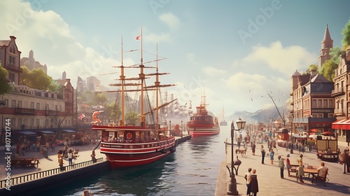 A bustling harbor transformed into a lively animated port town, with ships of all shapes and sizes docking at the quayside and animated dockworkers loading and unloading cargo.