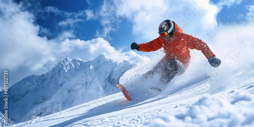 An action-packed shot of a snowboarder in bright orange slicing through the fresh snow on a mountain slope under a clear blue sky