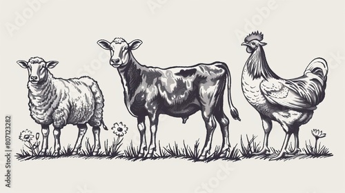 Hand-drawn engraving-style vector illustration showcasing a cow, sheep, and chicken, representing farm domestic animals in a rustic manner.