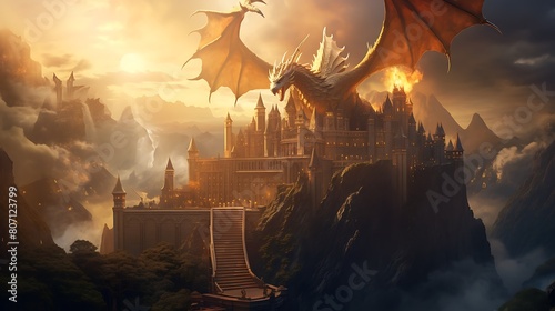 A majestic castle perched atop a towering cliff, surrounded by animated dragons soaring through the skies and knights embarking on epic quests to vanquish evil.