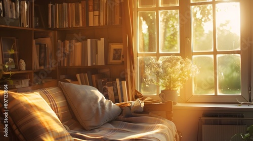 Cozy Countryside Cottage Reading Nook Bathed in Golden Sunlight