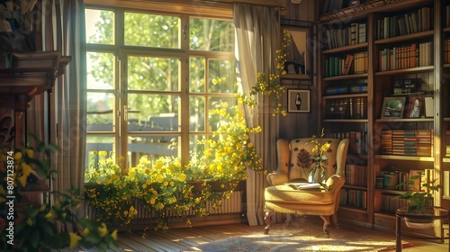Cozy Countryside Cottage Reading Nook Bathed in Golden Afternoon Sunlight
