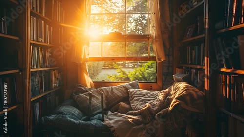 Cozy Reading Nook in Sunlit Countryside Cottage on Lazy Sunday Afternoon