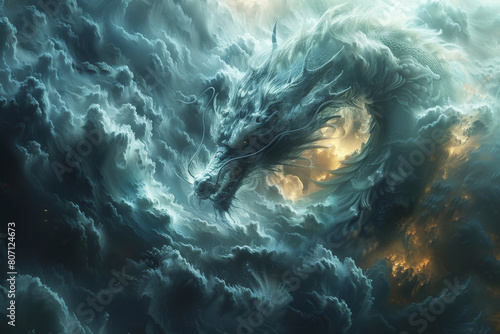 Chinese dragon twisting and turning through a swirling vortex of clouds and mist, radiating an ancient power