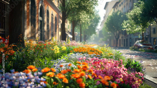 Colorful flowers in the streets of the old town in summer.