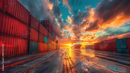 a stack of Logistics and transportation of international container cargo ship at port at sunset time, Freight , shipping, nautical vessel concept