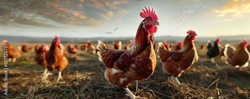 Chickens Roaming Free Range, Happy chickens pecking at the ground in a spacious open field