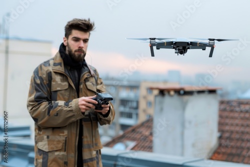 Young technician flying UAV drone with remote control on rooftop, Generative AI
