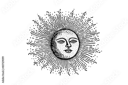 Vintage Celestial Face: Engraved Retro Vector Illustration of Sun and Moon.